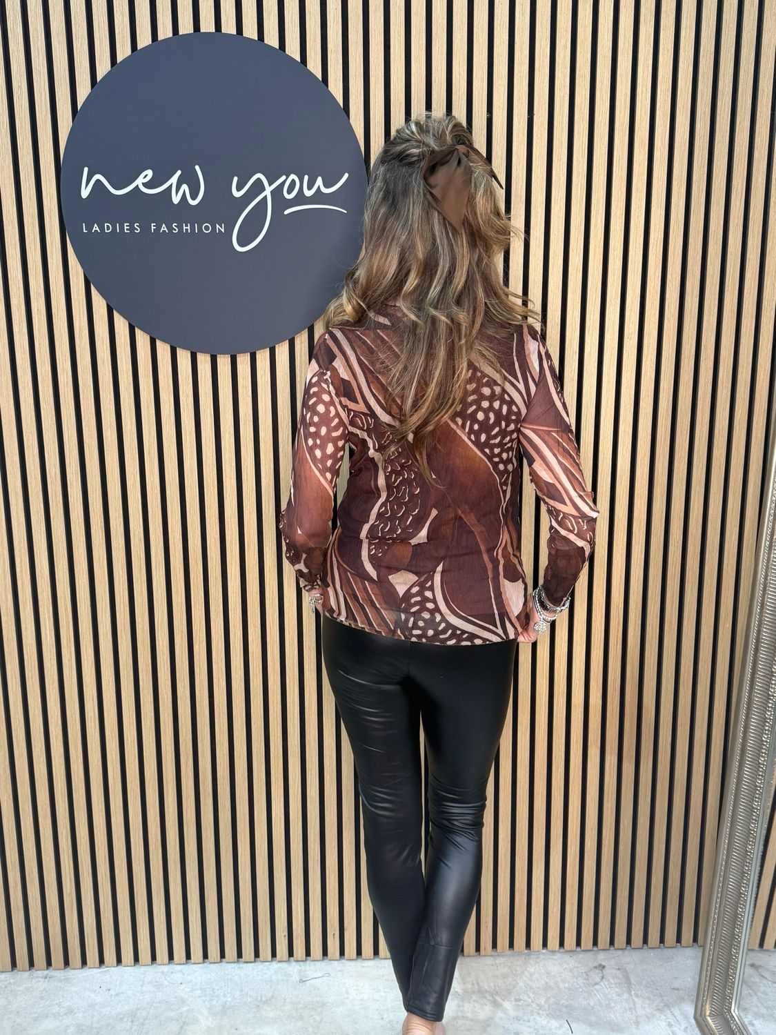 Sheer Print Mesh Top - Brown