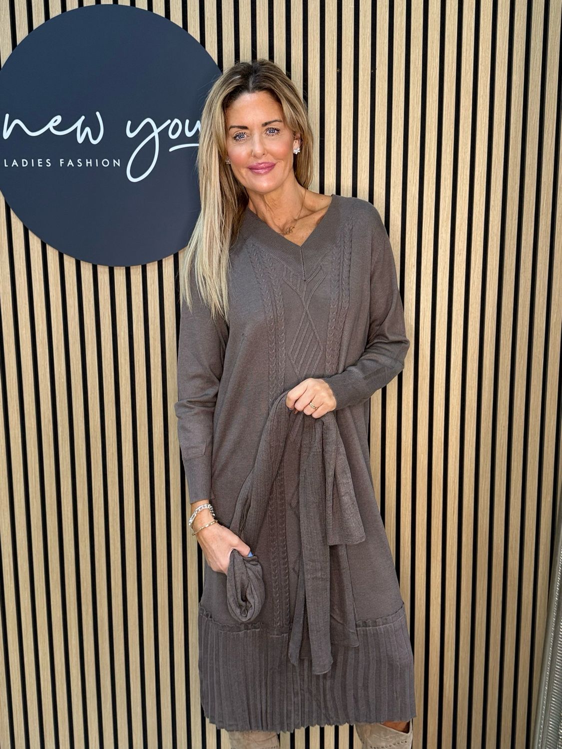 Cable Knit Midi Dress - Taupe