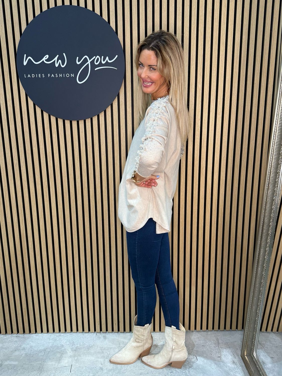 Pearl Sleeve Jumper - Beige