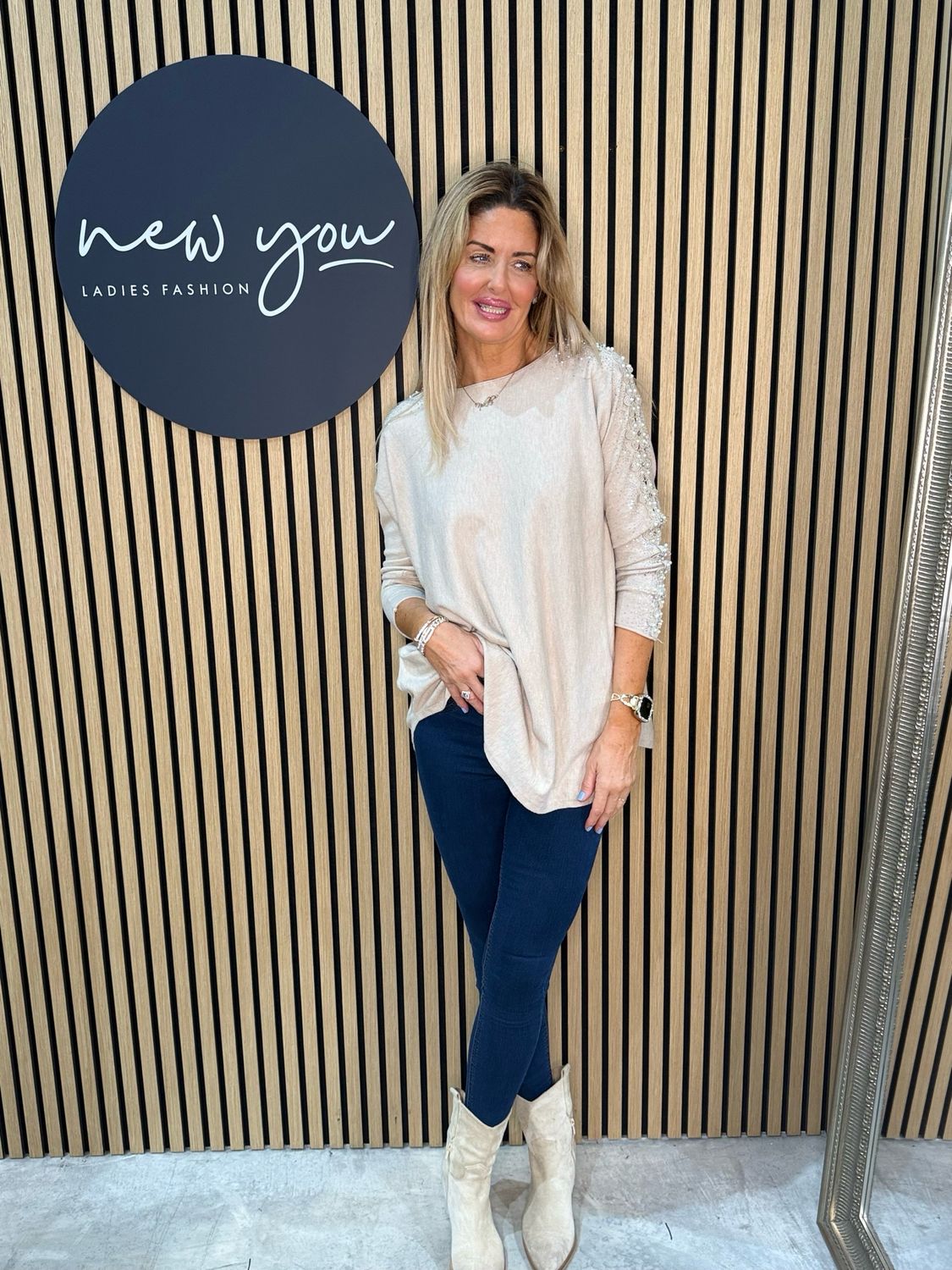 Pearl Sleeve Jumper - Beige