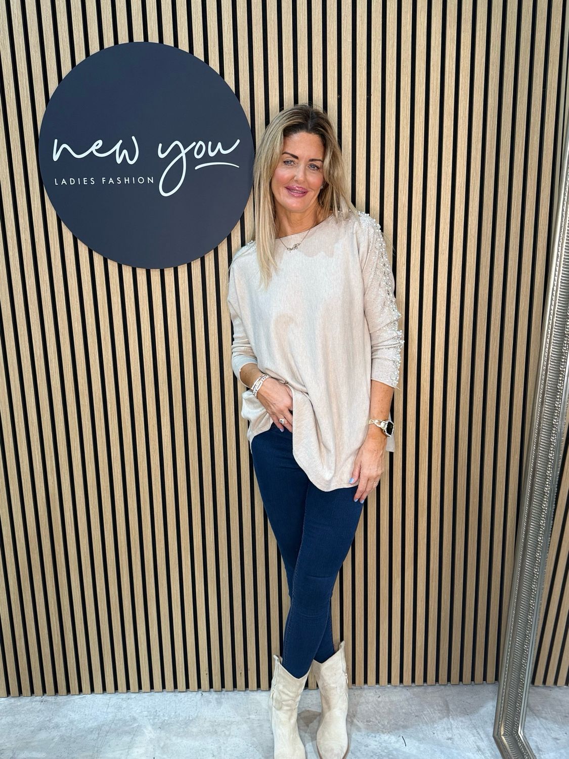 Pearl Sleeve Jumper - Beige