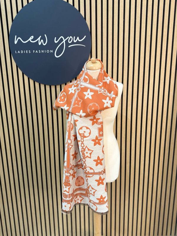 Printed Scarf - Orange/Beige