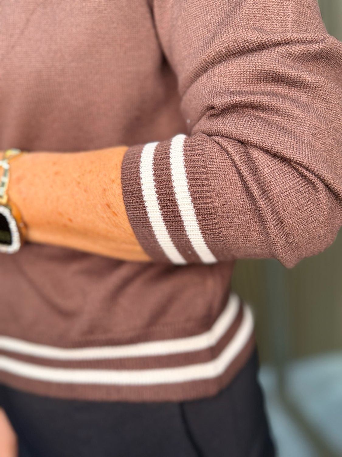 Striped Trim Knit Sweater - Brown