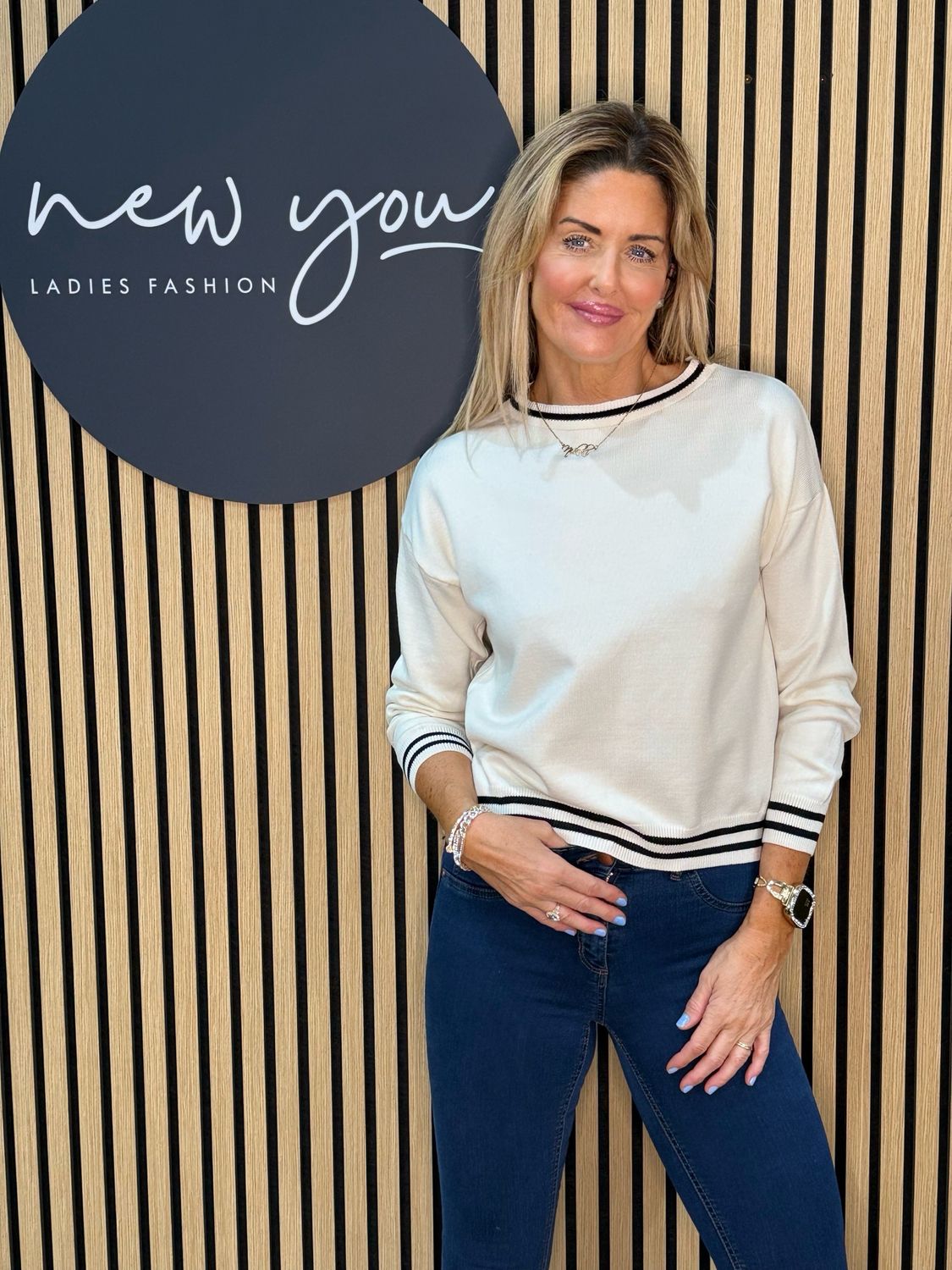 Striped Trim Knit Sweater - Cream