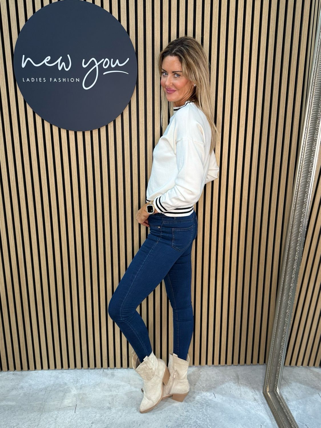 Striped Trim Knit Sweater - Cream