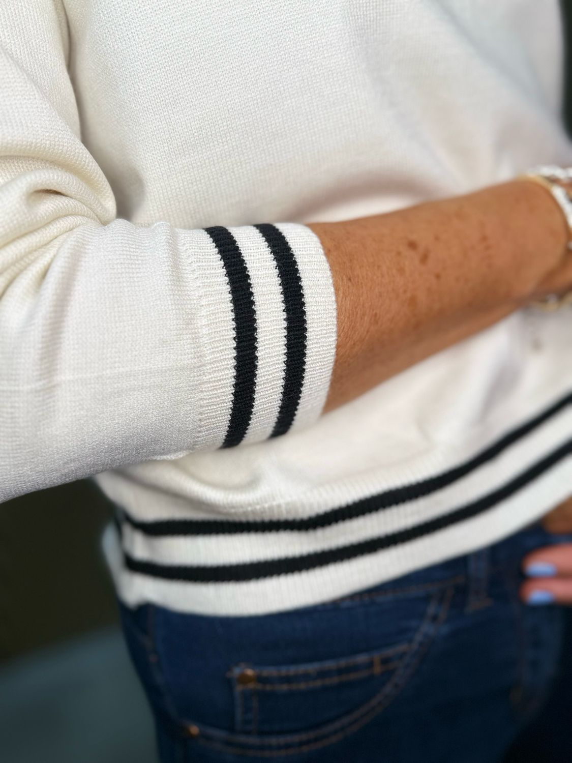 Striped Trim Knit Sweater - Cream