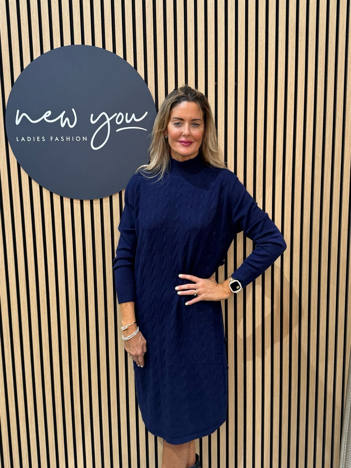 Cable Knit Button Dress - Navy