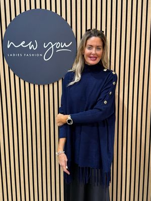 Fringe Knit Poncho - Navy