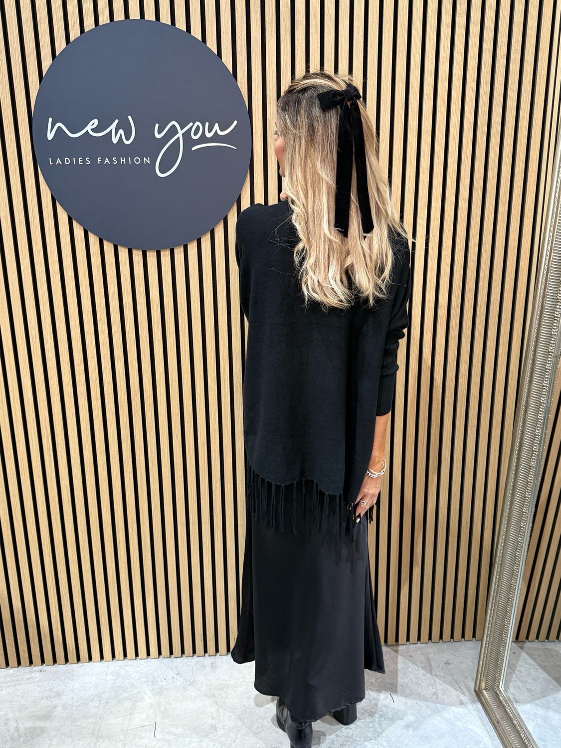 Fringe Knit Poncho - Black