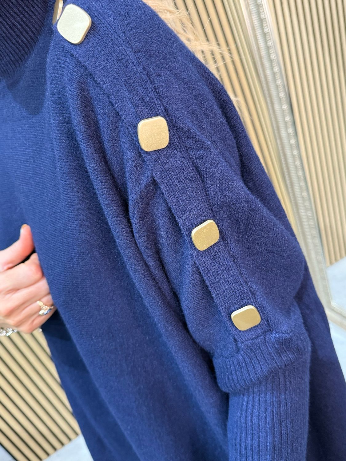 Fringe Knit Poncho - Navy