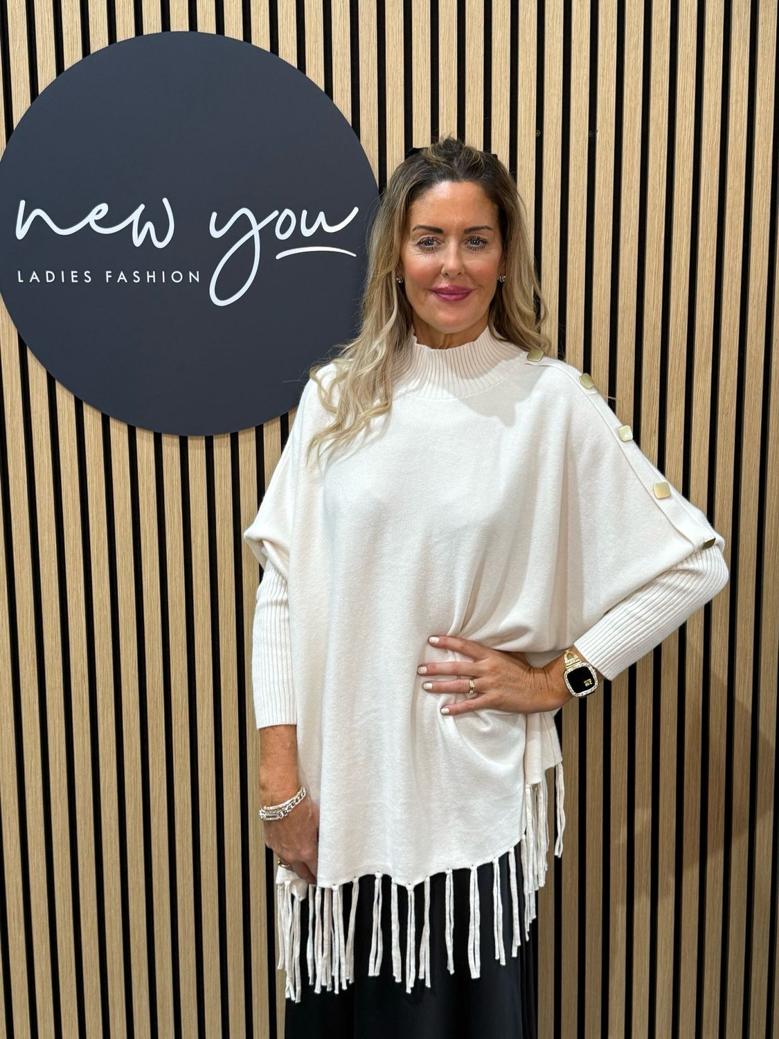 Fringe Knit Poncho - Cream