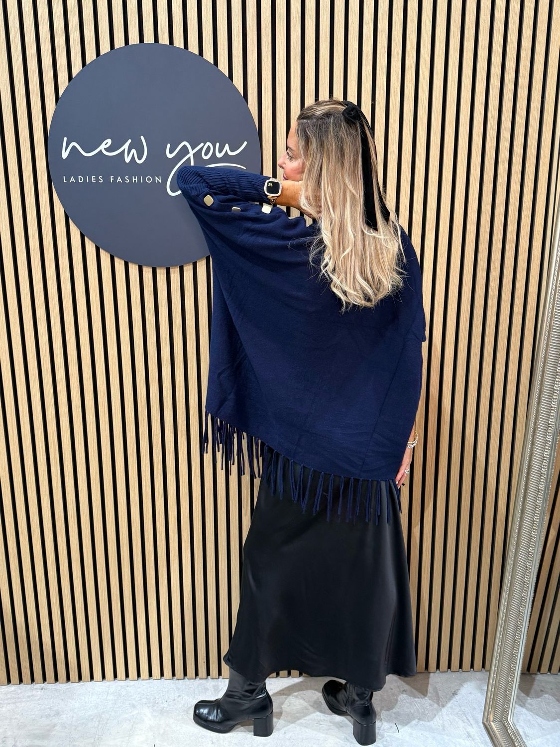 Fringe Knit Poncho - Navy