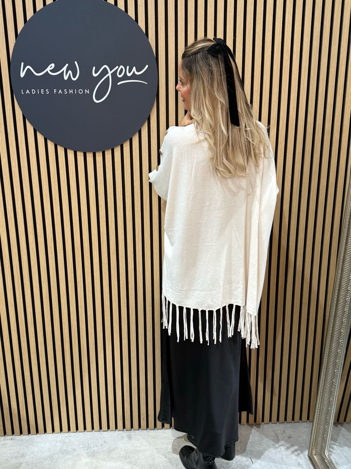 Fringe Knit Poncho - Cream