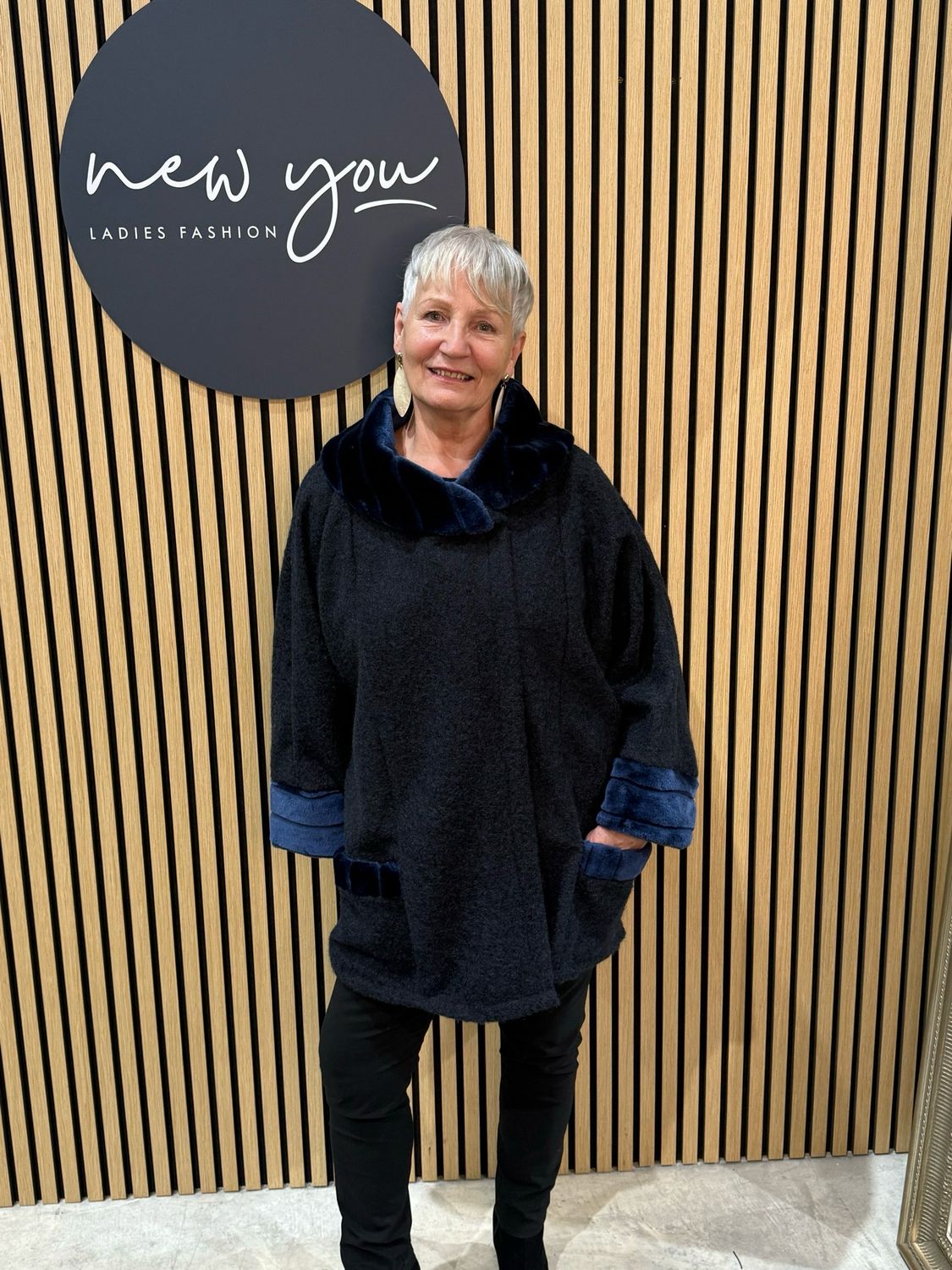 Faux Fur Trim Coat - Navy