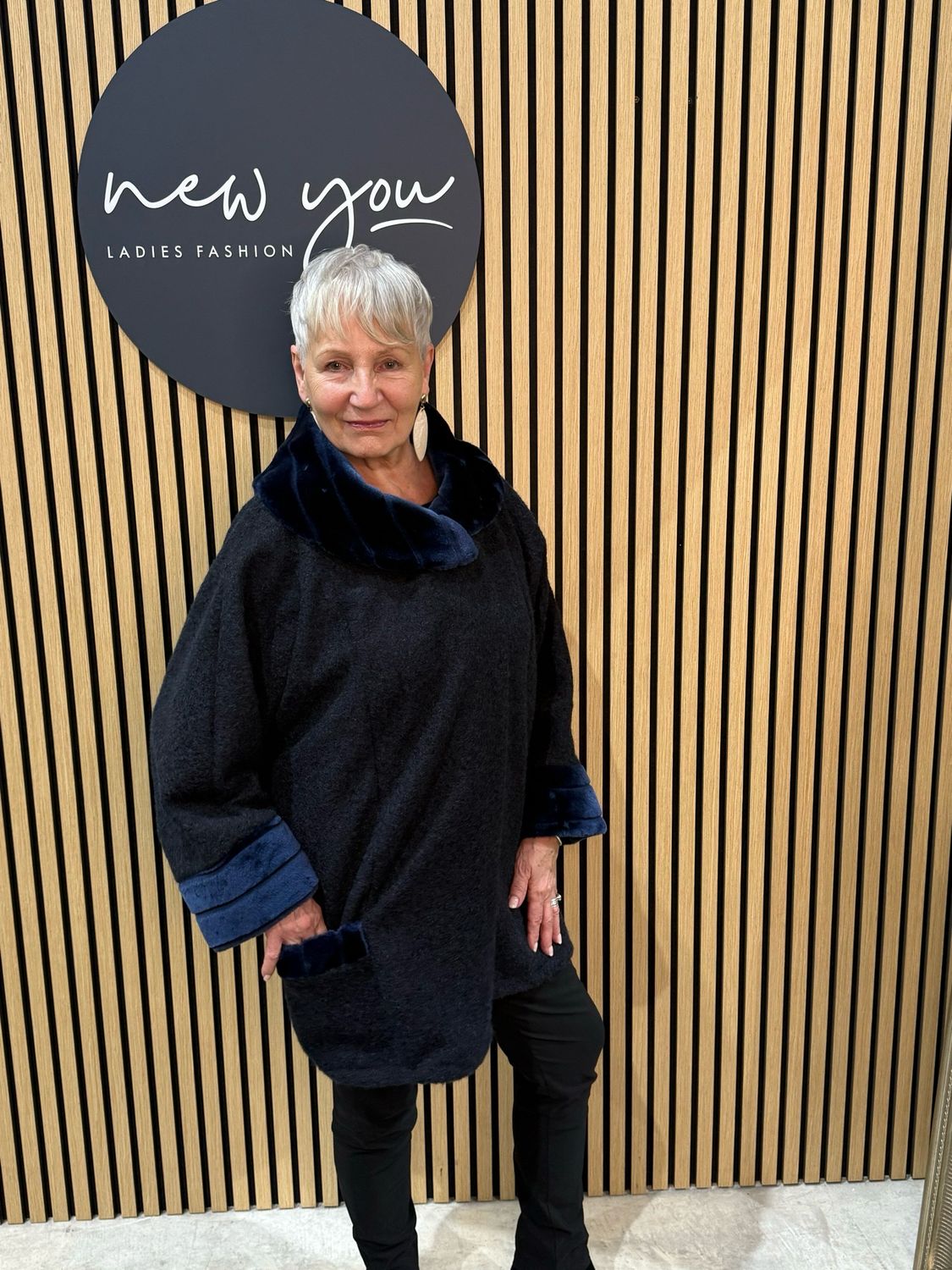 Faux Fur Trim Coat - Navy