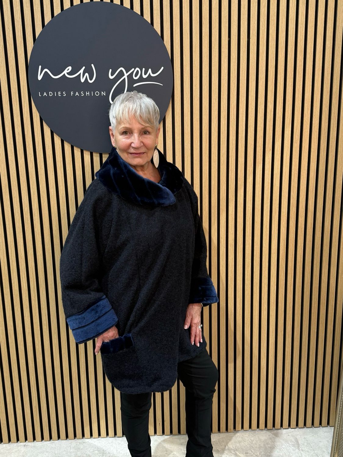 Faux Fur Trim Coat - Navy