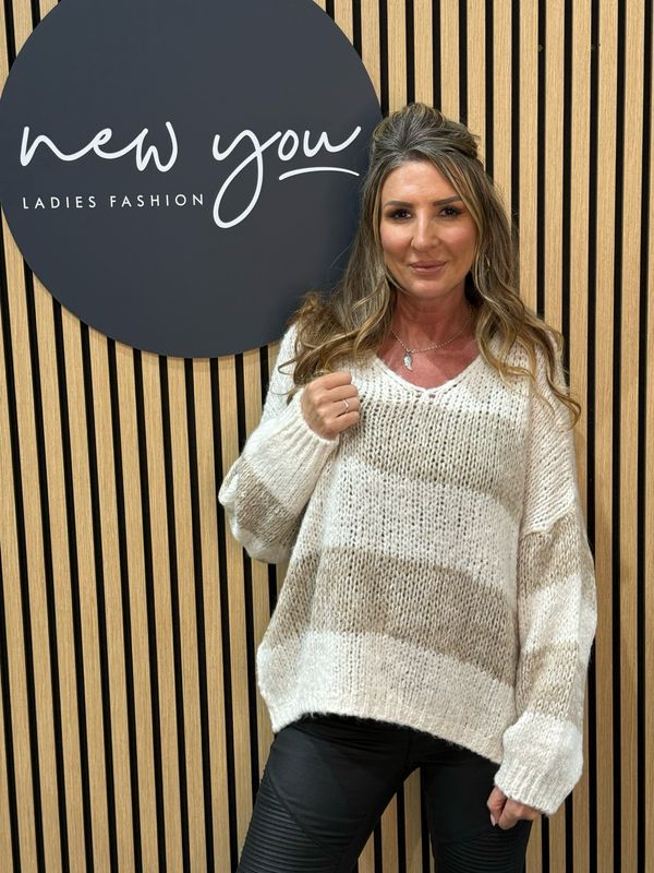 Soft Knit Striped Jumper - Cream/Taupe