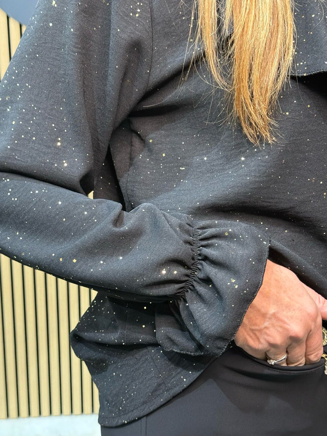 Ruffle Front Sparkle Blouse - Black