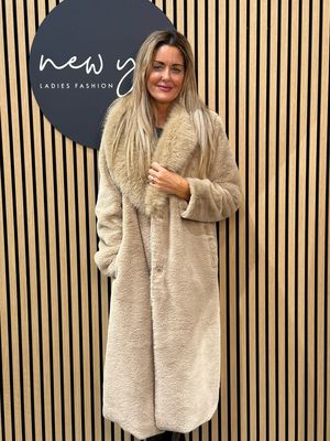 Luxury Faux Fur Longline Coat - Beige