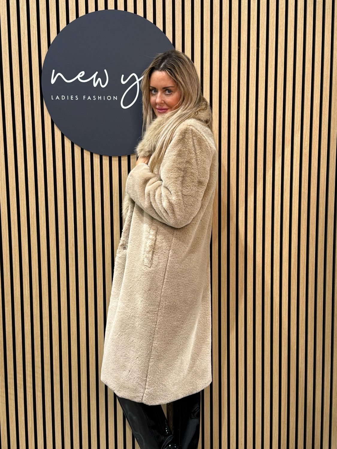 Luxury Faux Fur Longline Coat - Beige