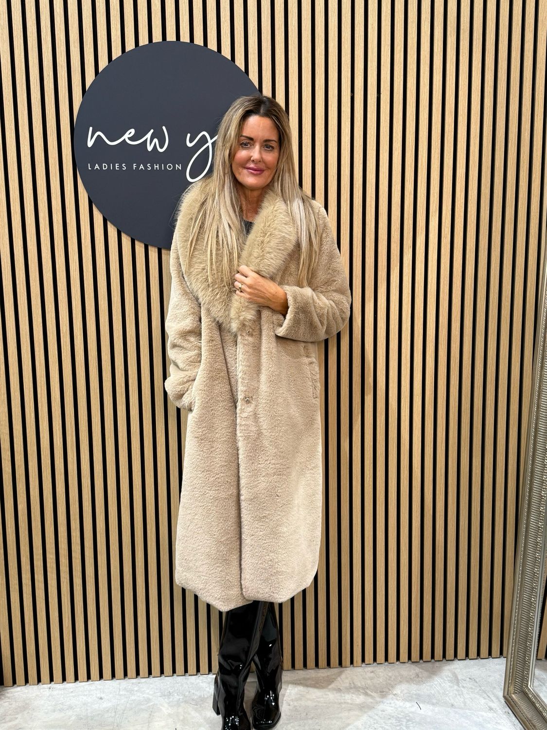 Luxury Faux Fur Longline Coat - Beige
