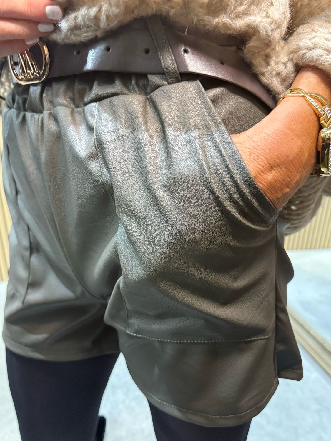 Faux Leather Shorts - Khaki