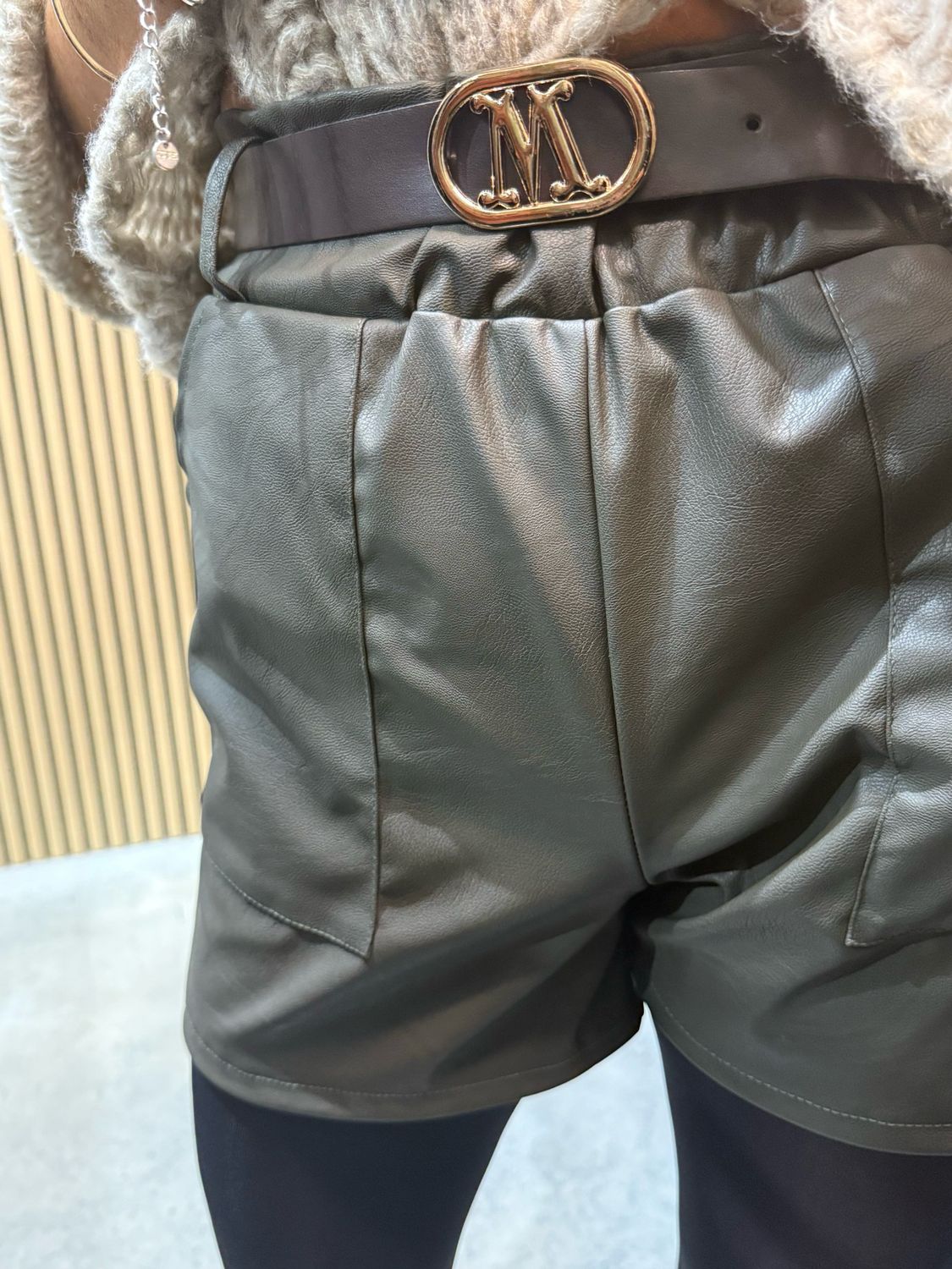 Faux Leather Shorts - Khaki