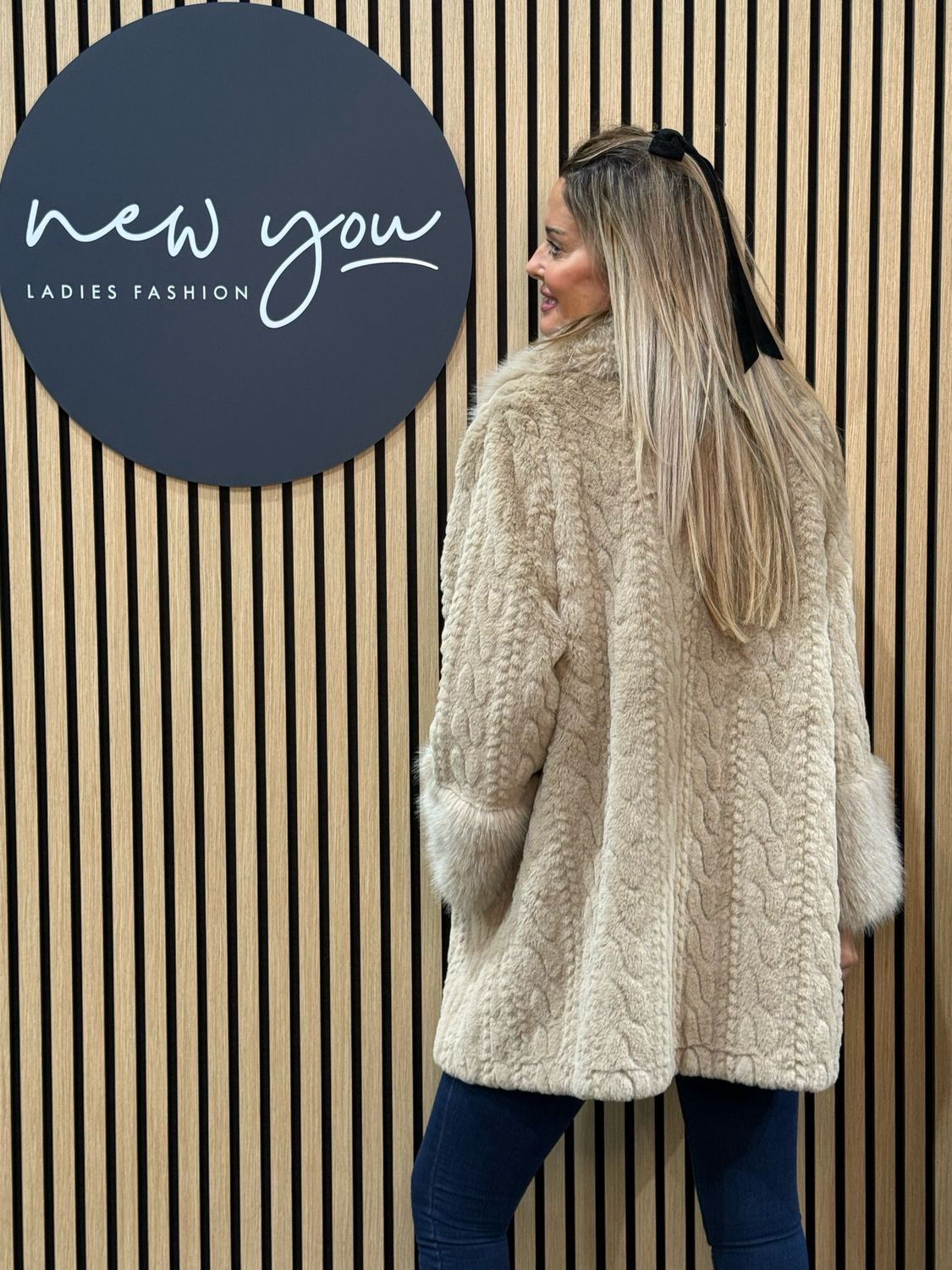 Textured Faux Fur Coat - Beige