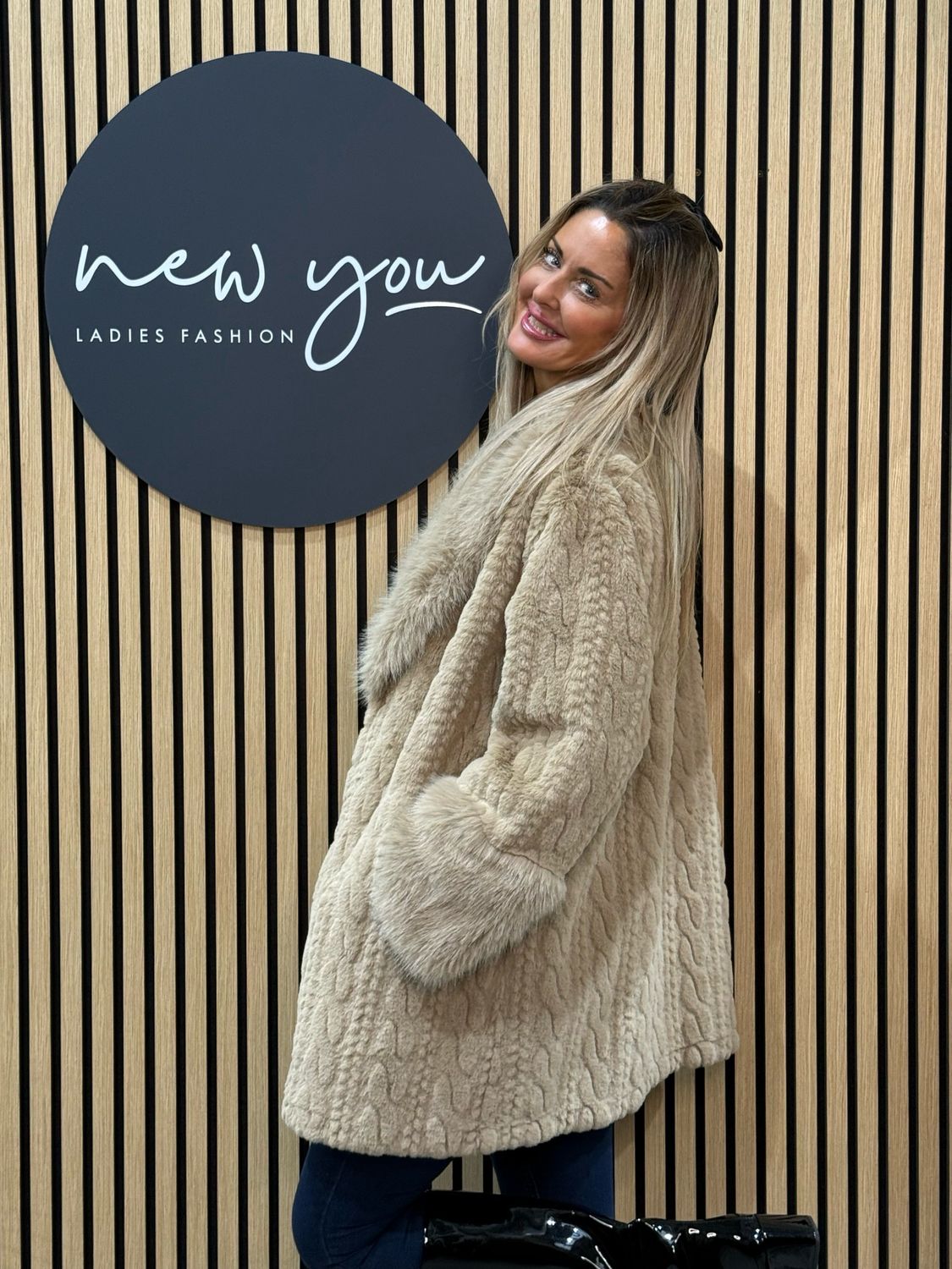 Textured Faux Fur Coat - Beige