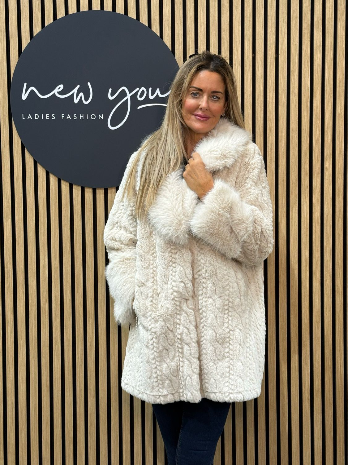 Textured Faux Fur Coat - Cream
