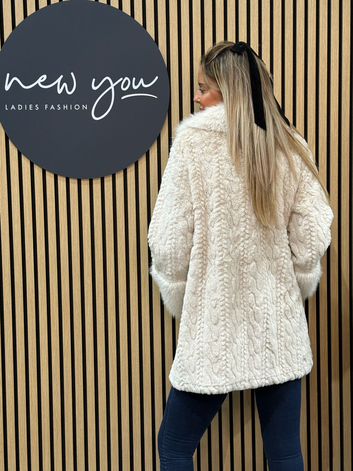 Textured Faux Fur Coat - Cream