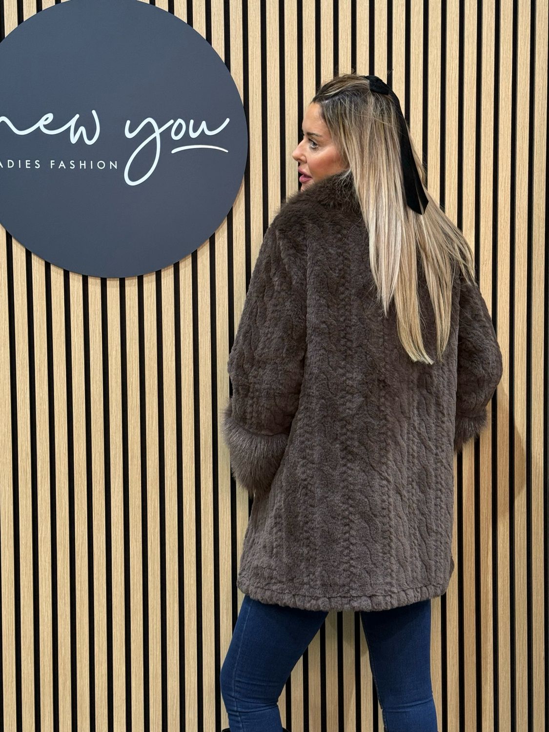 Textured Faux Fur Coat - Chocolate