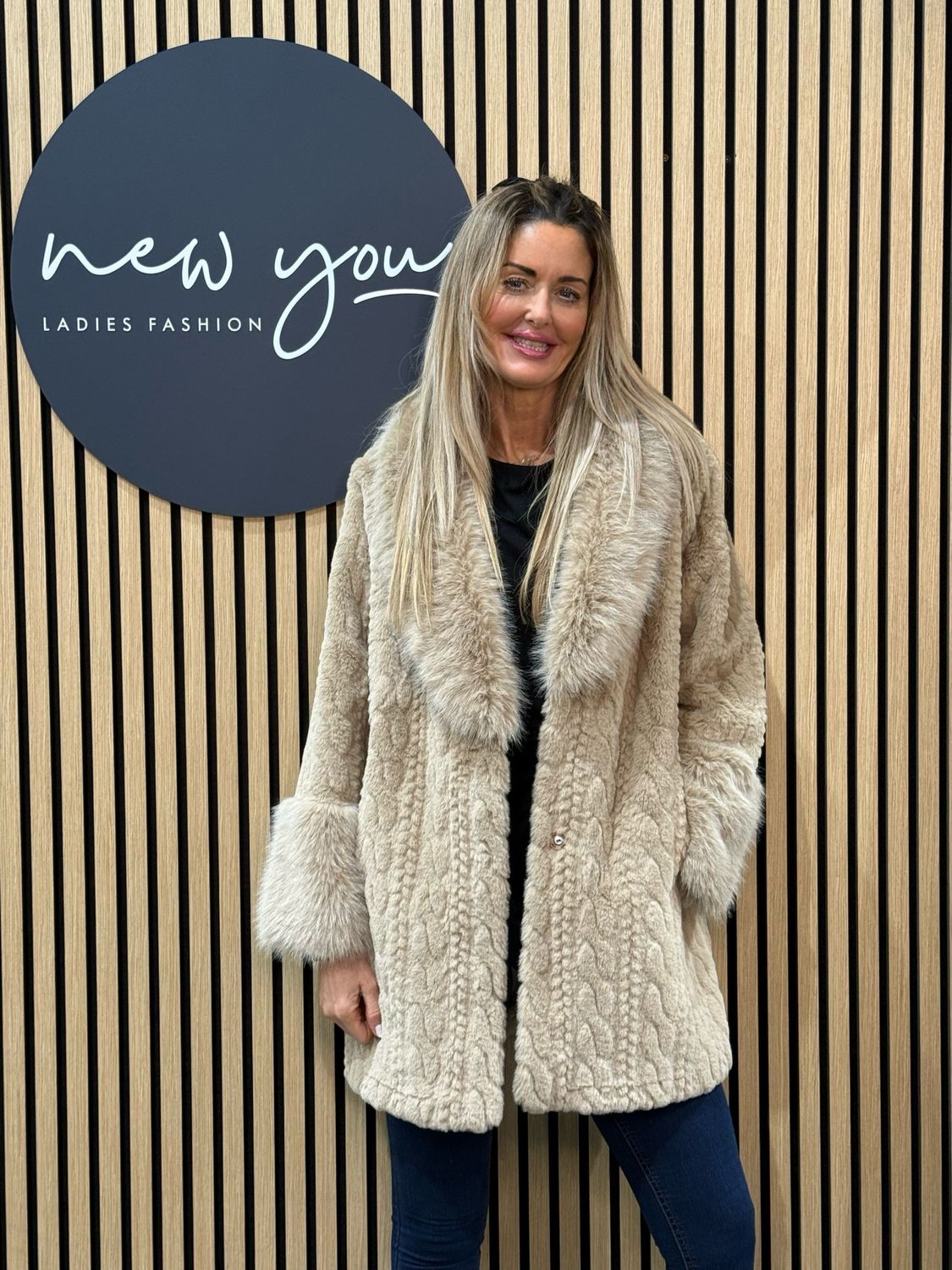 Textured Faux Fur Coat - Beige