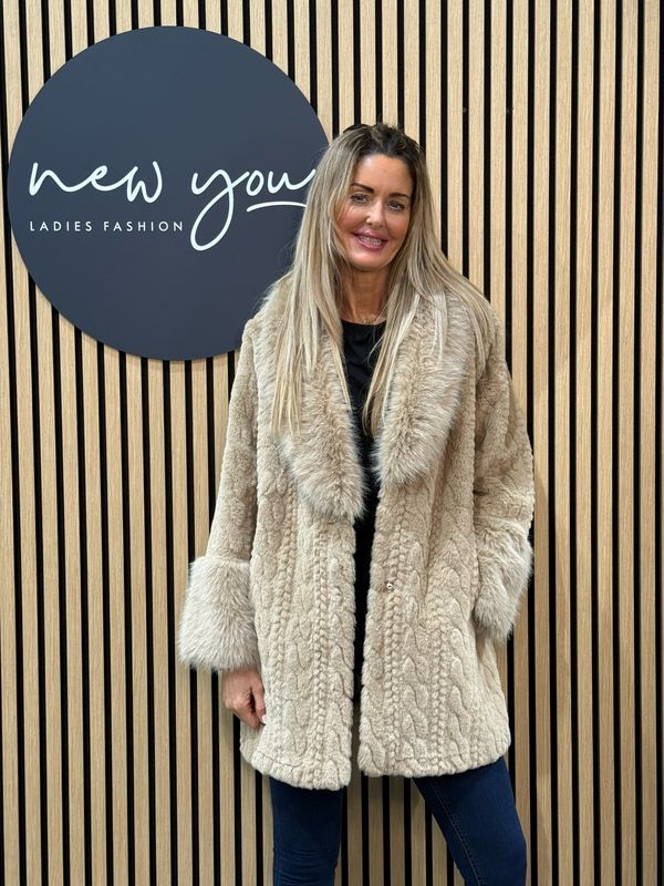Textured Faux Fur Coat - Beige
