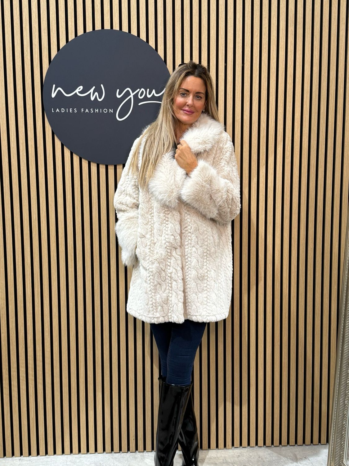 Textured Faux Fur Coat - Cream