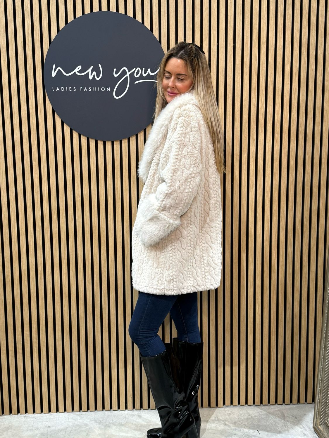 Textured Faux Fur Coat - Cream