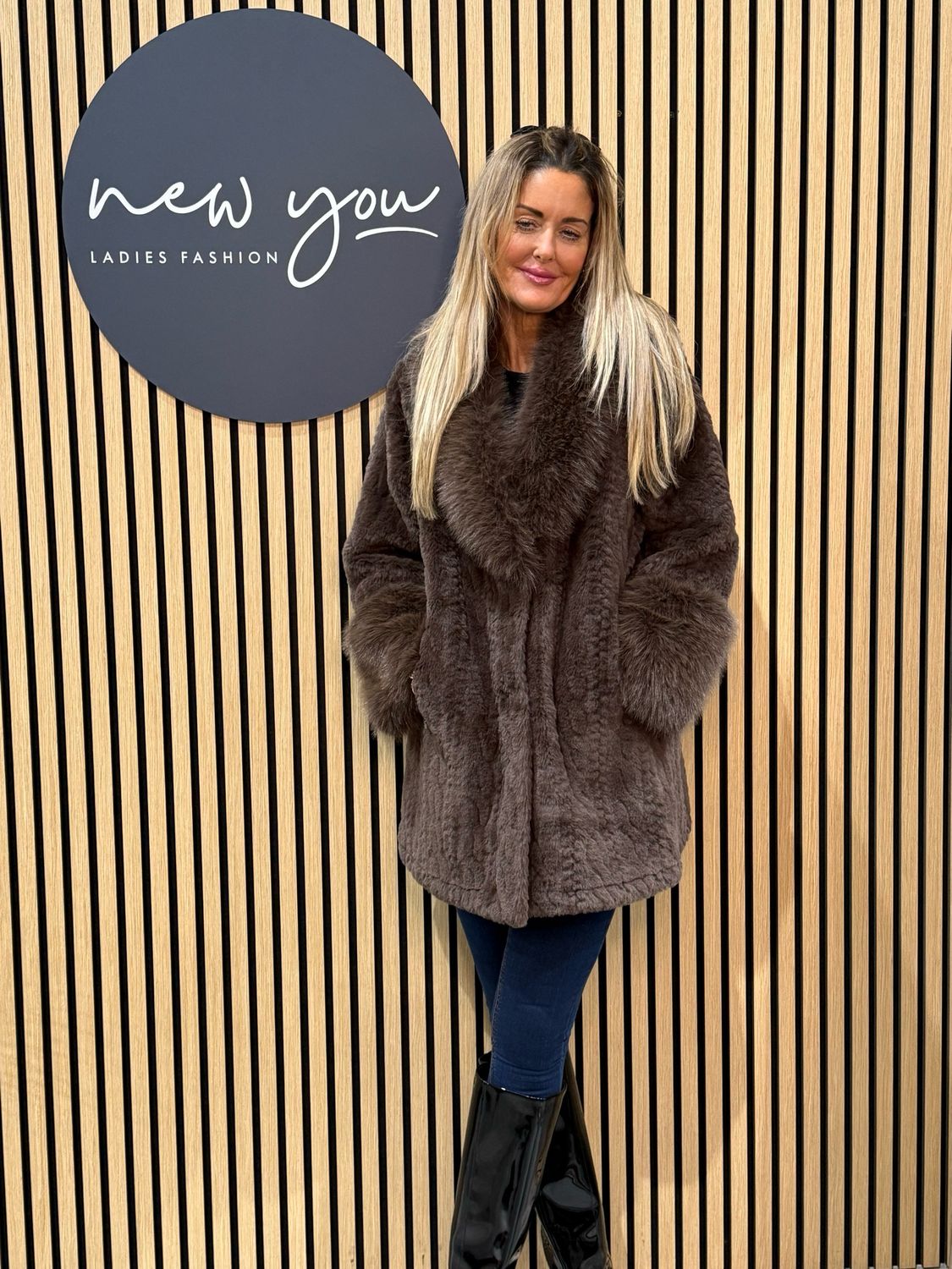 Textured Faux Fur Coat - Chocolate