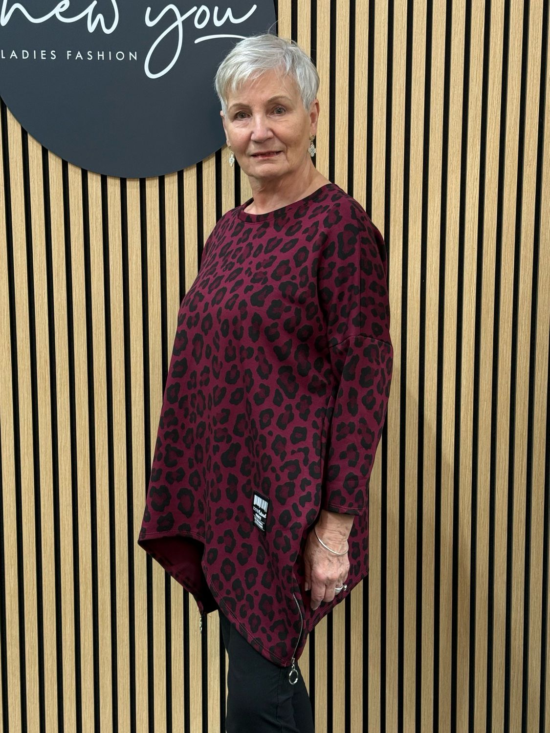 Leopard Print Asymmetric Jumper - Wine