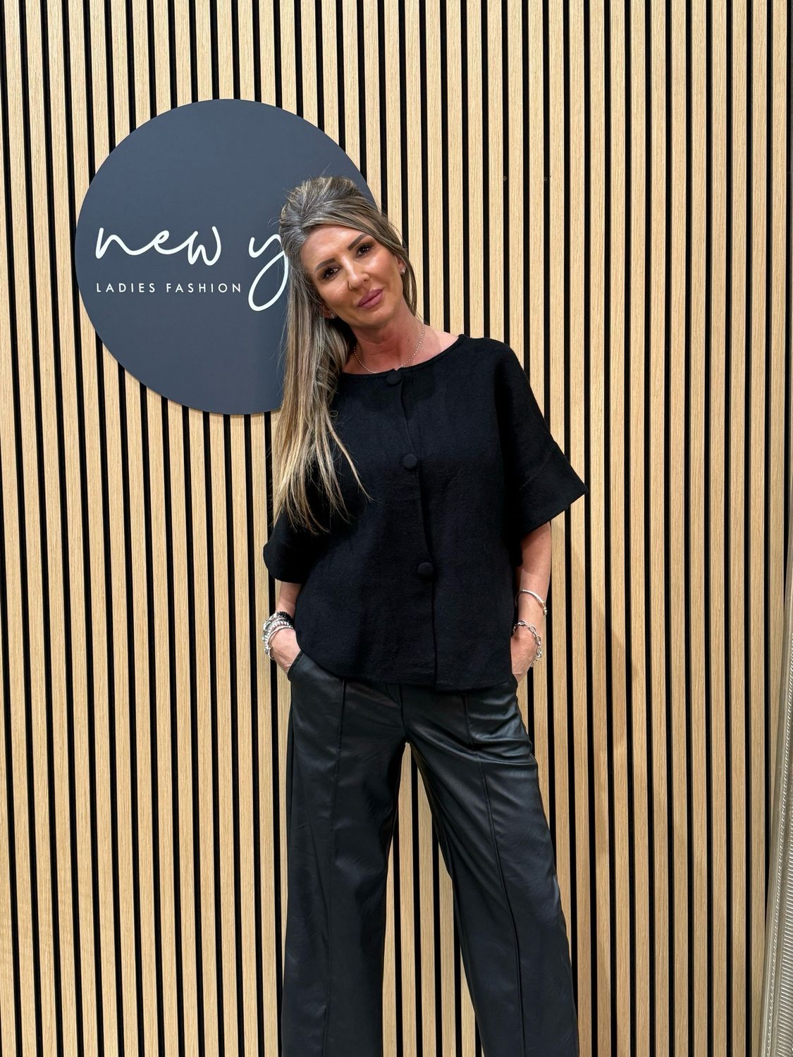 Wide Leg Faux Leather Trousers - Black