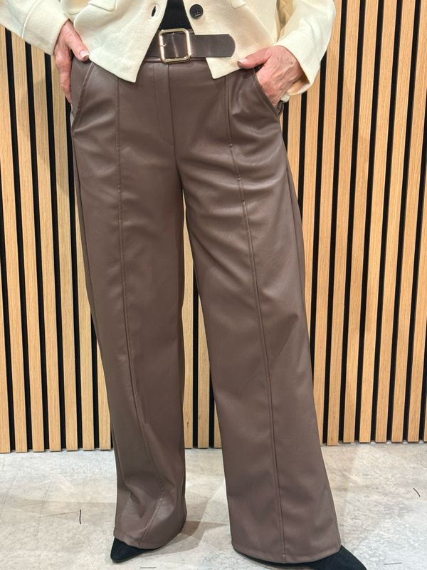 Wide Leg Faux Leather Trousers - Chocolate