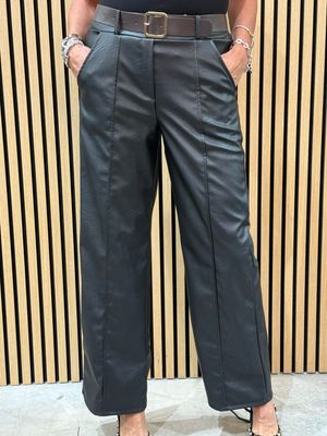 Wide Leg Faux Leather Trousers - Black