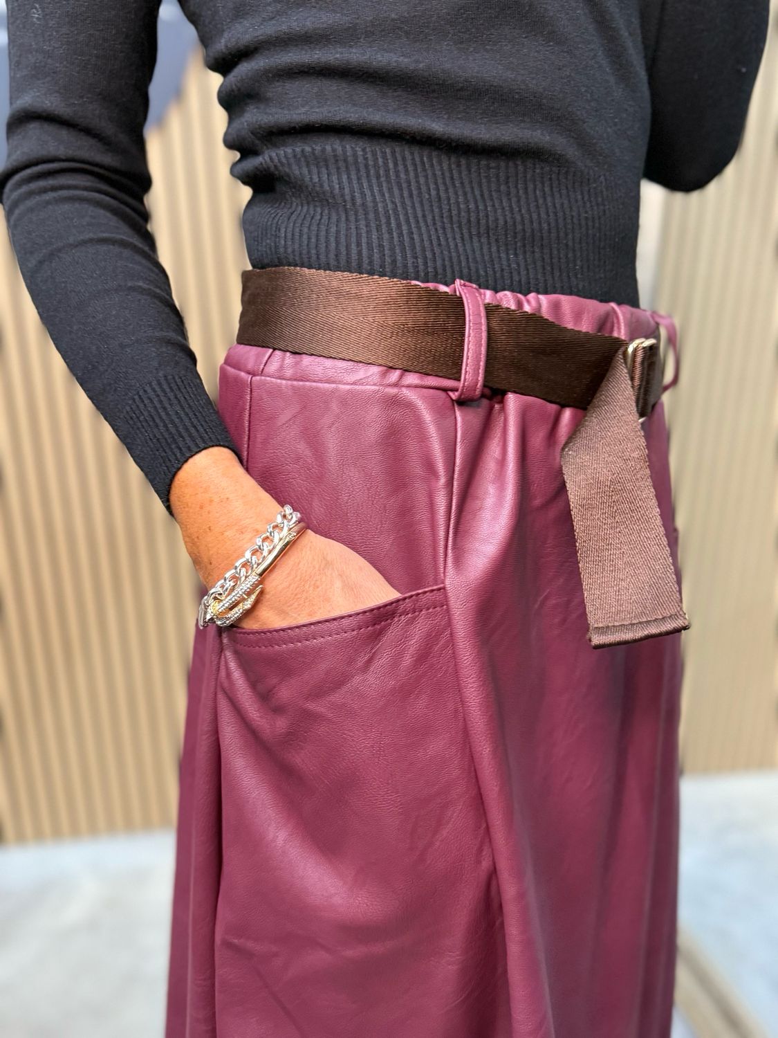 Belted Faux Leather Skirt - Wine