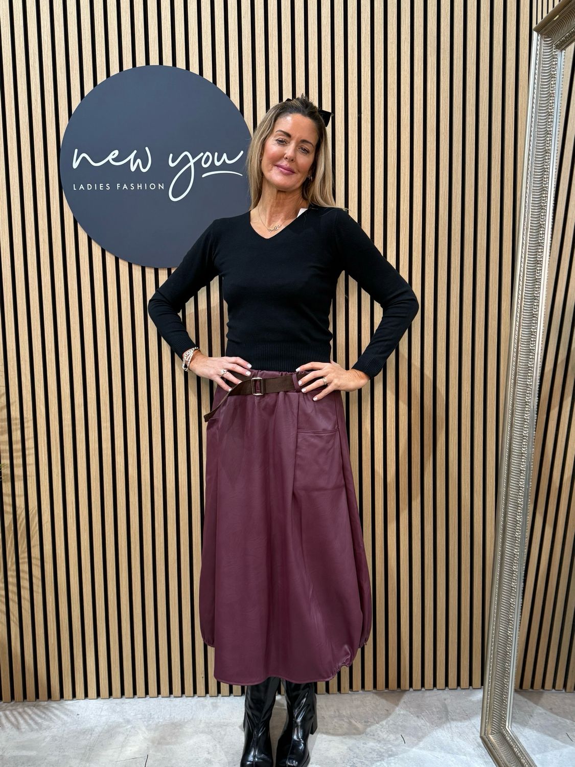 Belted Faux Leather Skirt - Wine