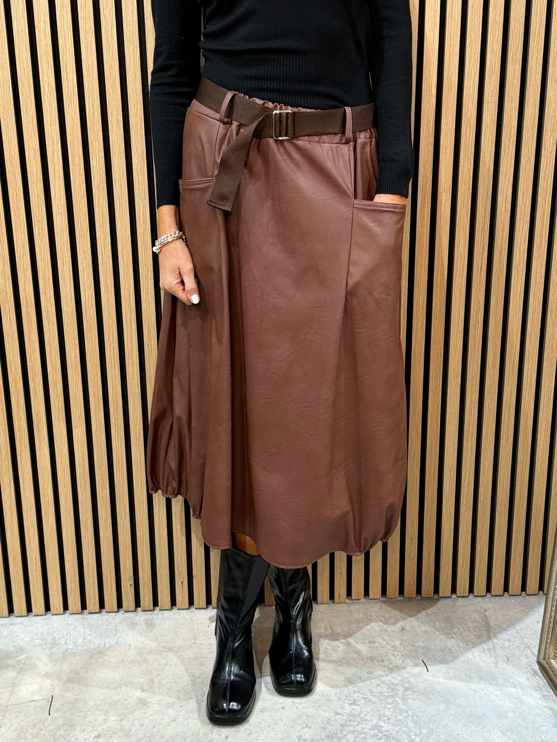 Belted Faux Leather Skirt - Tan