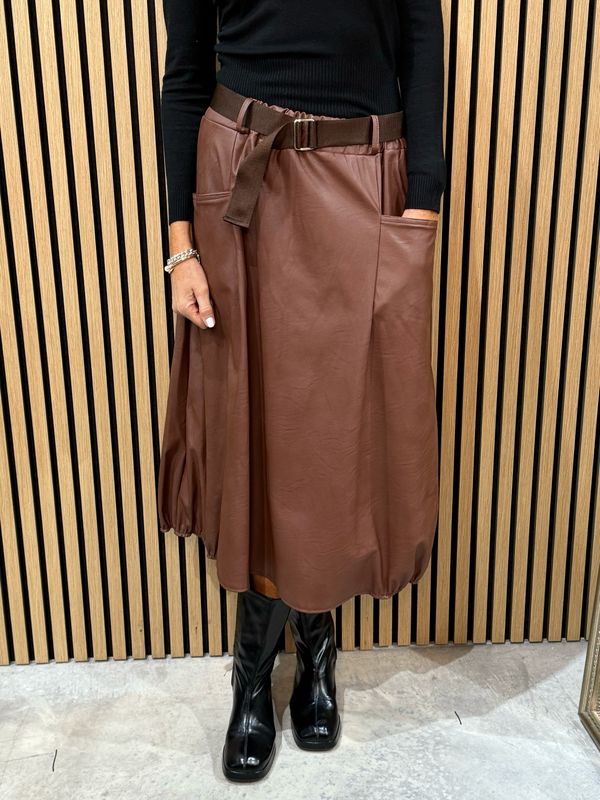 Belted Faux Leather Skirt - Tan