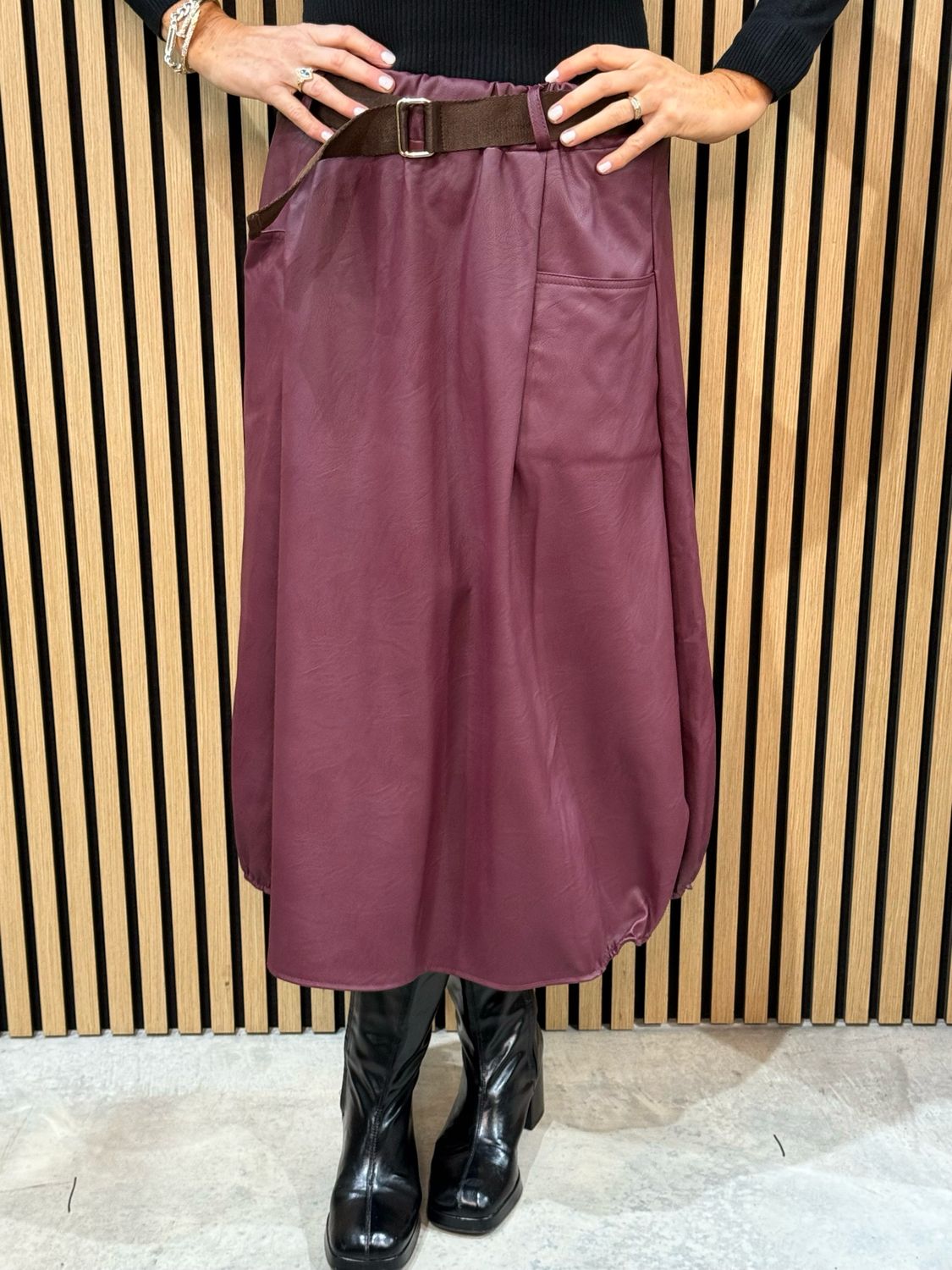 Belted Faux Leather Skirt - Wine