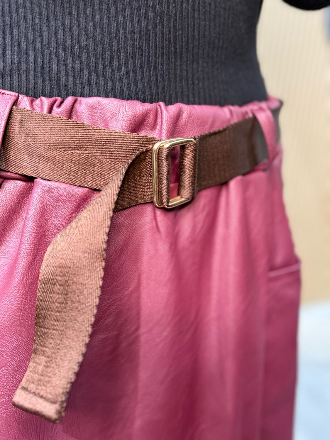 Belted Faux Leather Skirt - Wine