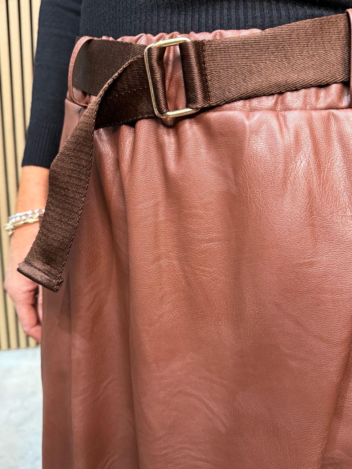 Belted Faux Leather Skirt - Tan