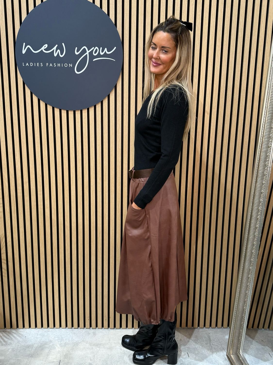 Belted Faux Leather Skirt - Tan