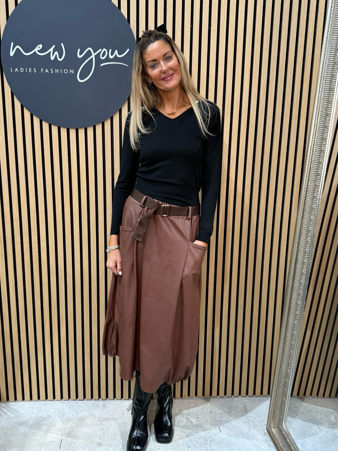 Belted Faux Leather Skirt - Tan